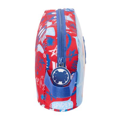 Estojo escolar retangular vermelho e azul com fecho e símbolo de aranha.