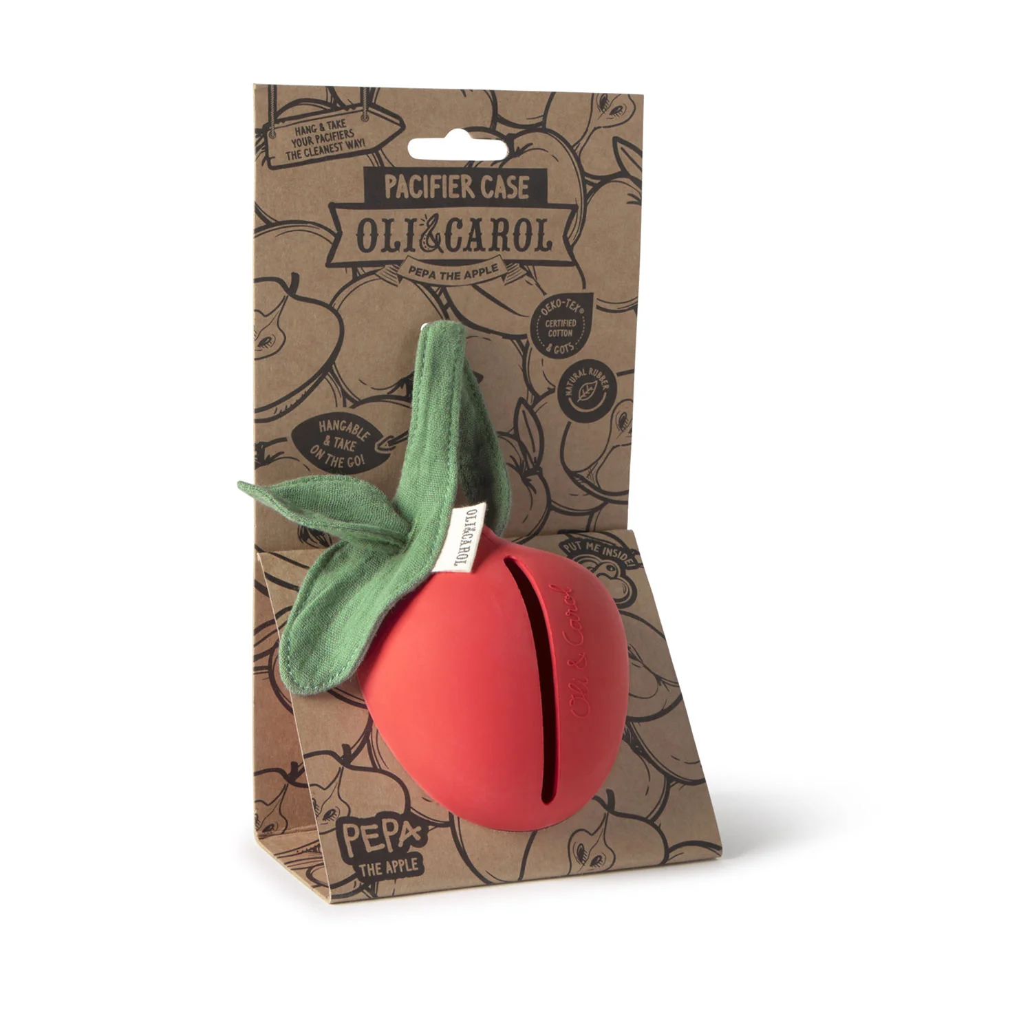 Estojo para chupeta em forma de maçã vermelha com embalamento de cartão reciclado