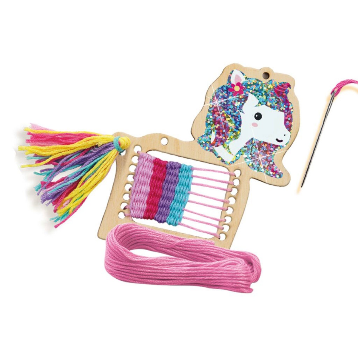 Kit de artesanato com base em madeira em forma de unicórnio com fios coloridos e agulha