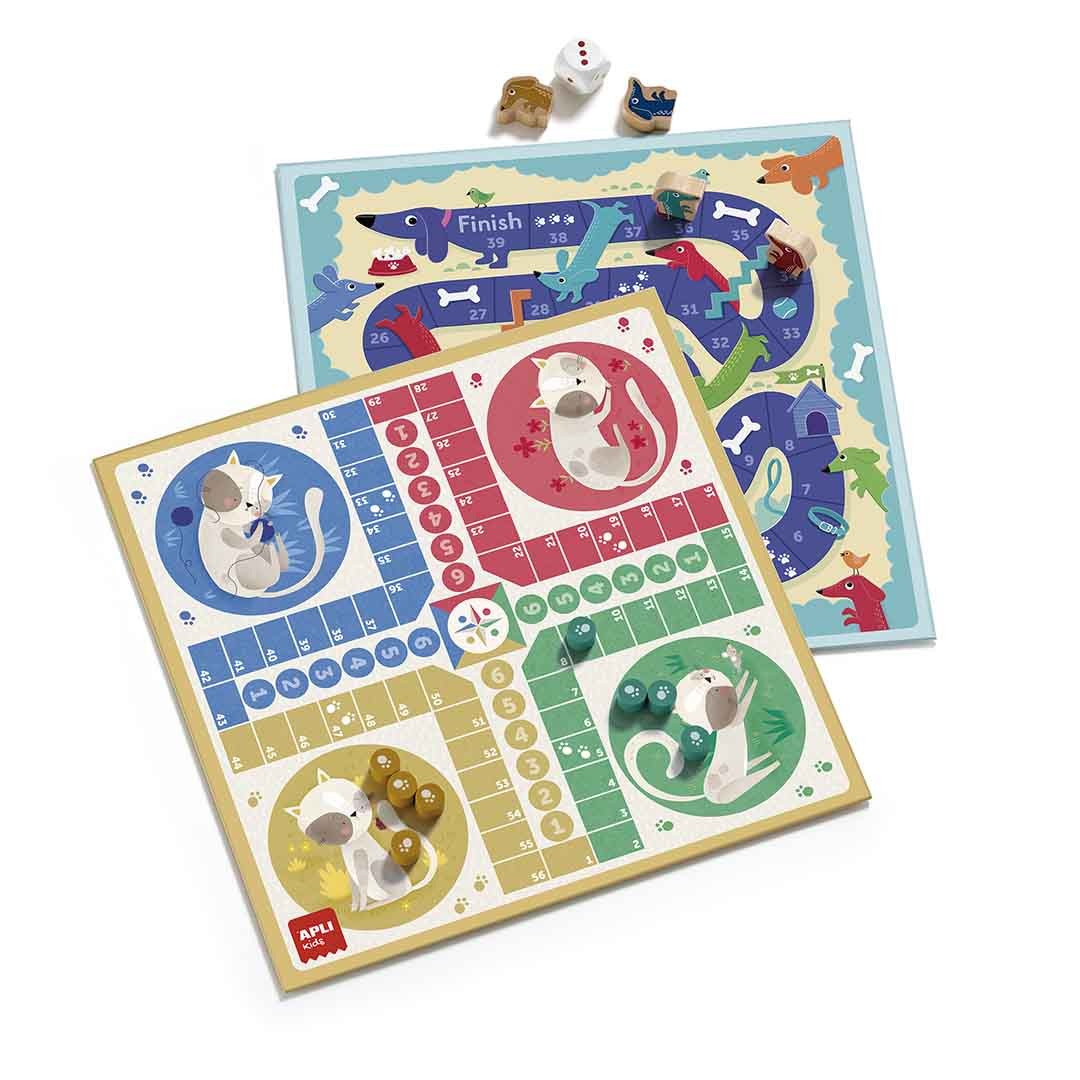 Jogo de tabuleiro infantil colorido com tema de cães e gatos em madeira