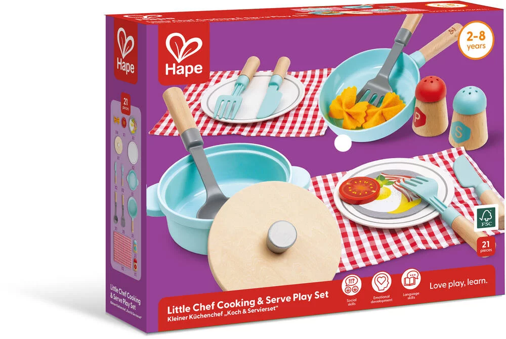 Conjunto de brinquedo de cozinha Little Chef Cooking & Serve Play Set da Hape numa caixa roxa.