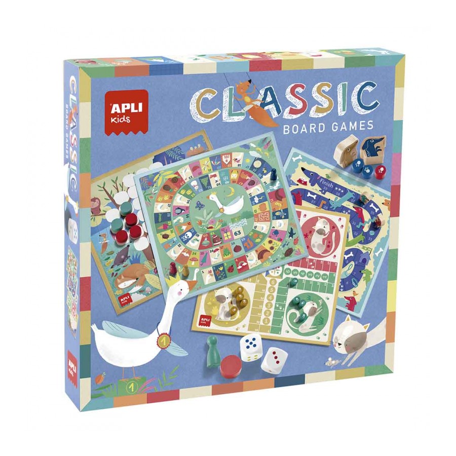 Caixa de jogo de tabuleiro APLI Kids Classic Board Games com tabuleiros coloridos e peças