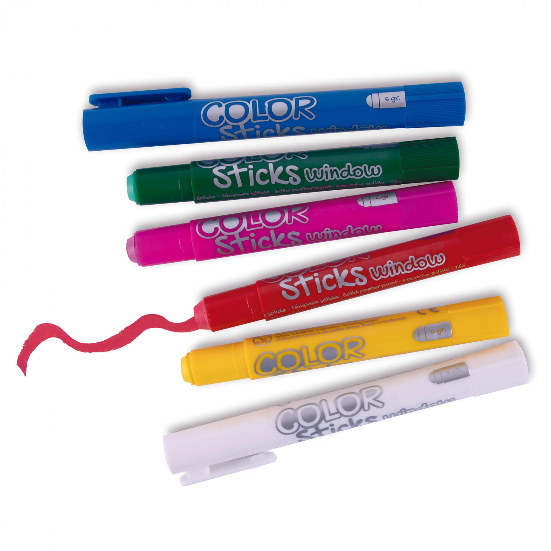 Seis marcadores de várias cores com texto impresso e um traço vermelho desenhado com um deles.