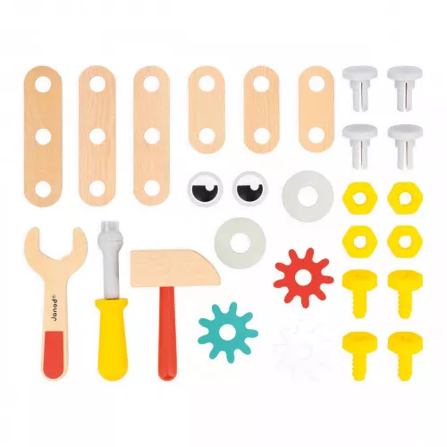 Peças de brinquedo de madeira e plástico para montar, com ferramentas e acessórios coloridos