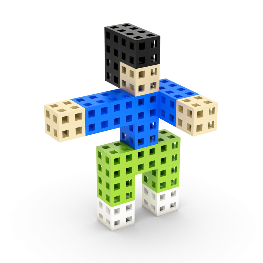 Figura feita com blocos cúbicos perfurados de várias cores sobre fundo branco