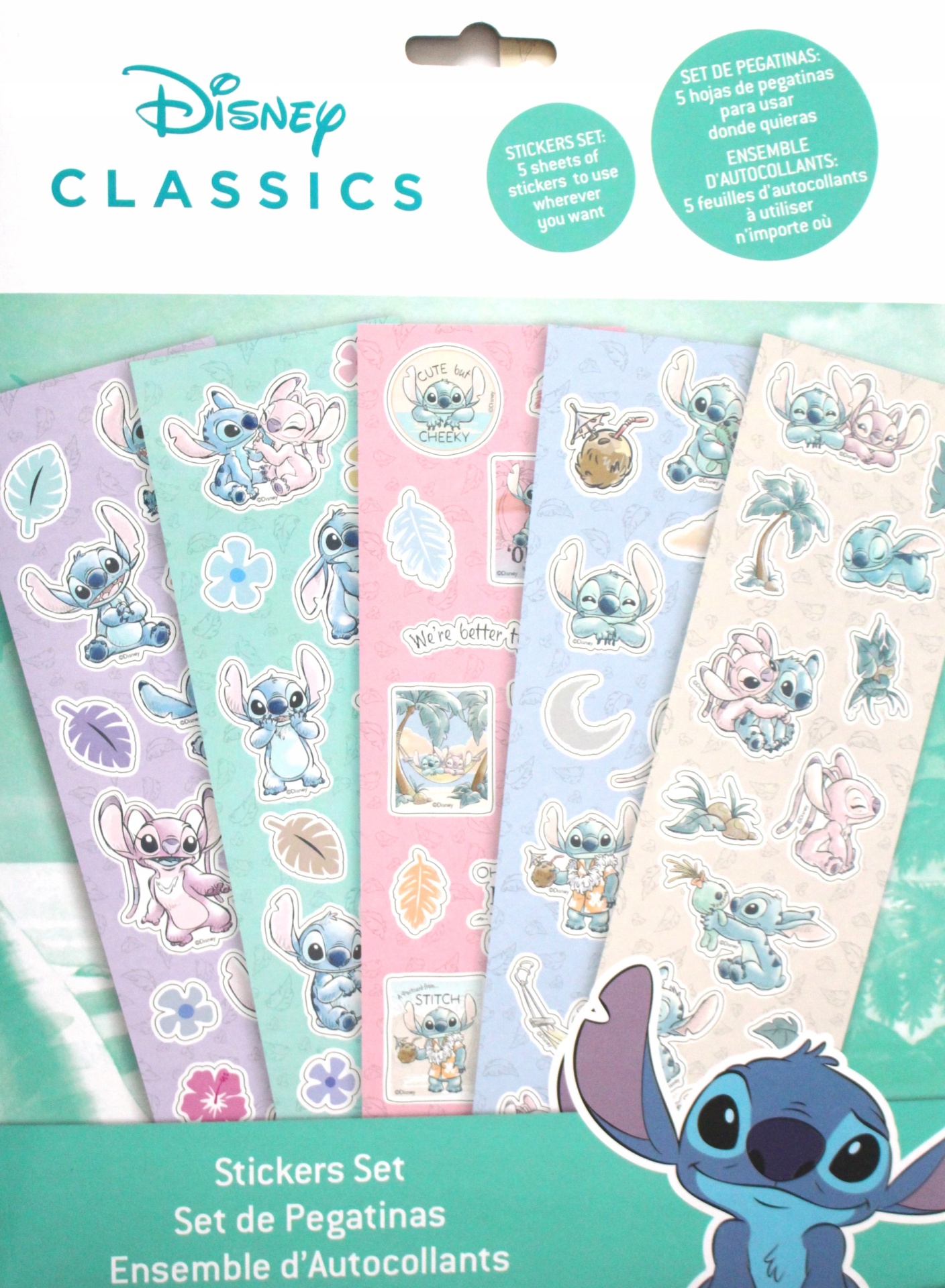 Conjunto de stickers Disney com personagens Stitch em folhas coloridas pastel.