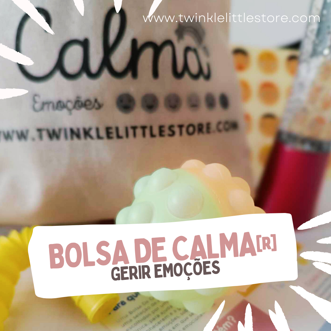 Produtos para gerir emoções incluindo bola anti-stress e bolsa Calma Emoções