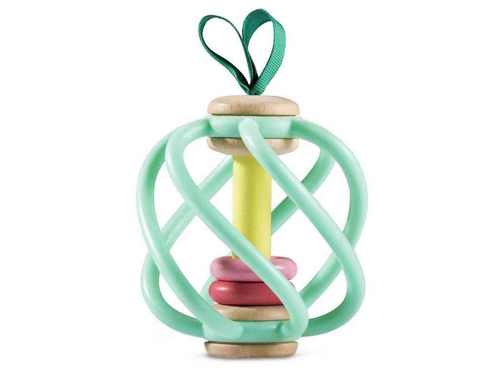 Brinquedo para bebé em madeira e plástico verde, amarelo e rosa com fita verde