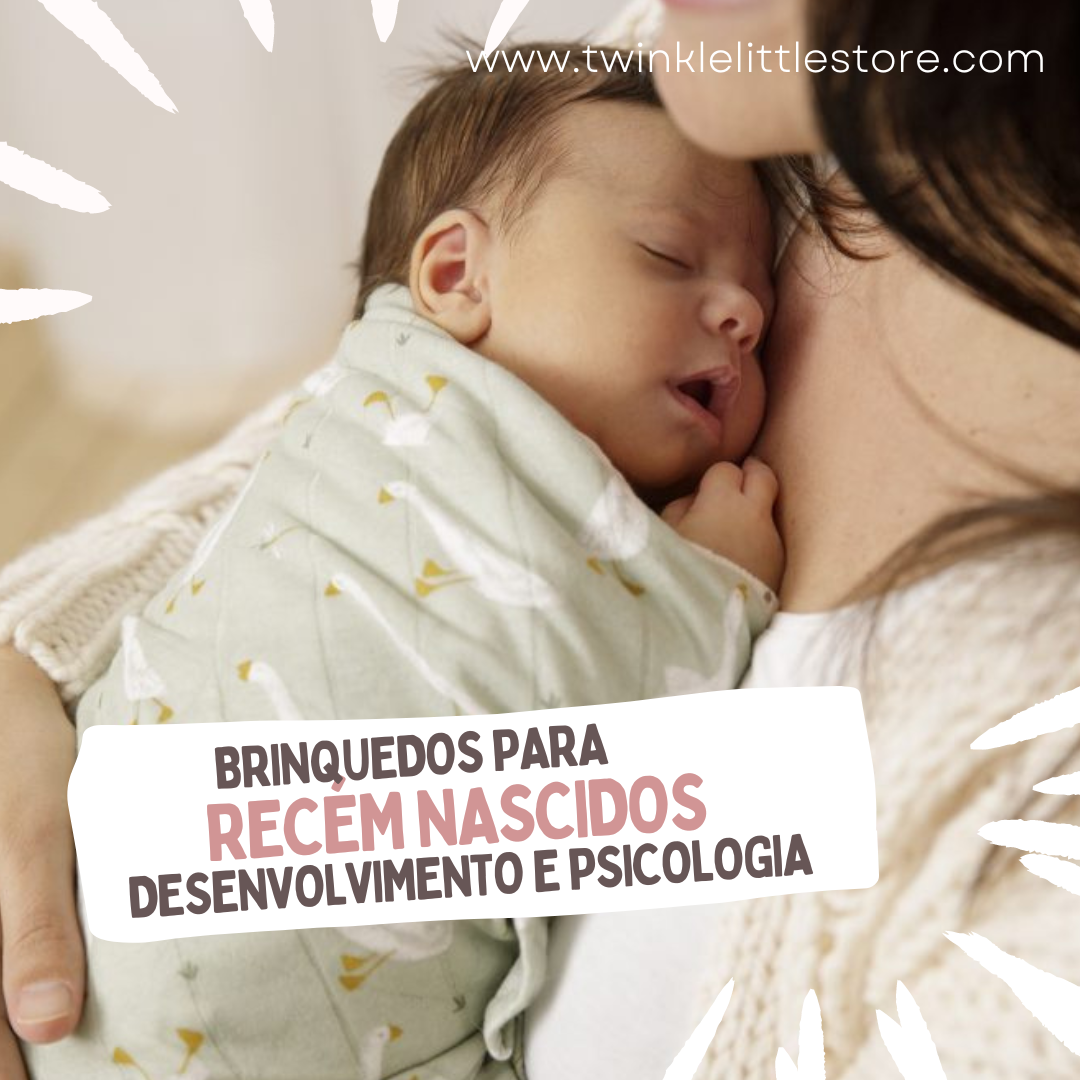 Bebé recém-nascido a dormir nos braços de outra pessoa com texto promocional sobre brinquedos para recém-nascidos.