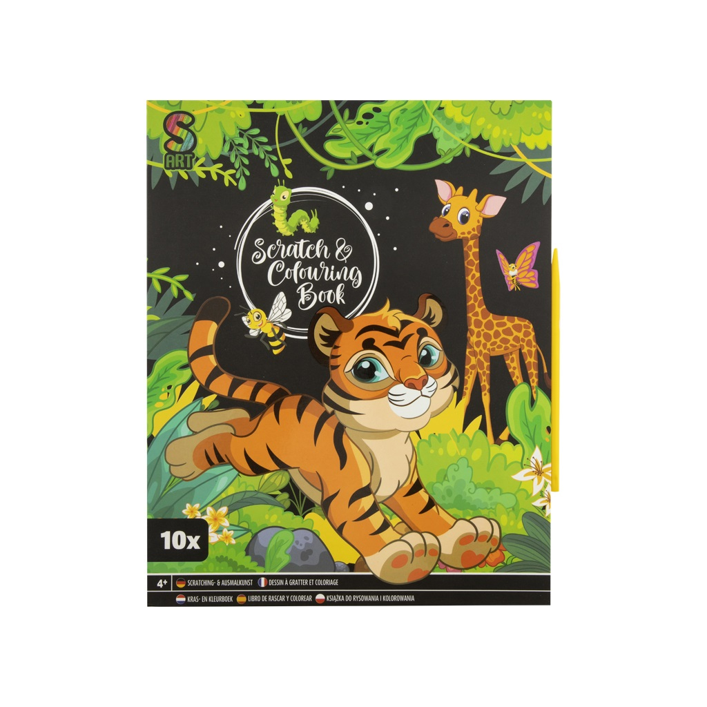 Capa de livro de actividades 'Scratch & Colouring Book' com tigre e girafa numa floresta
