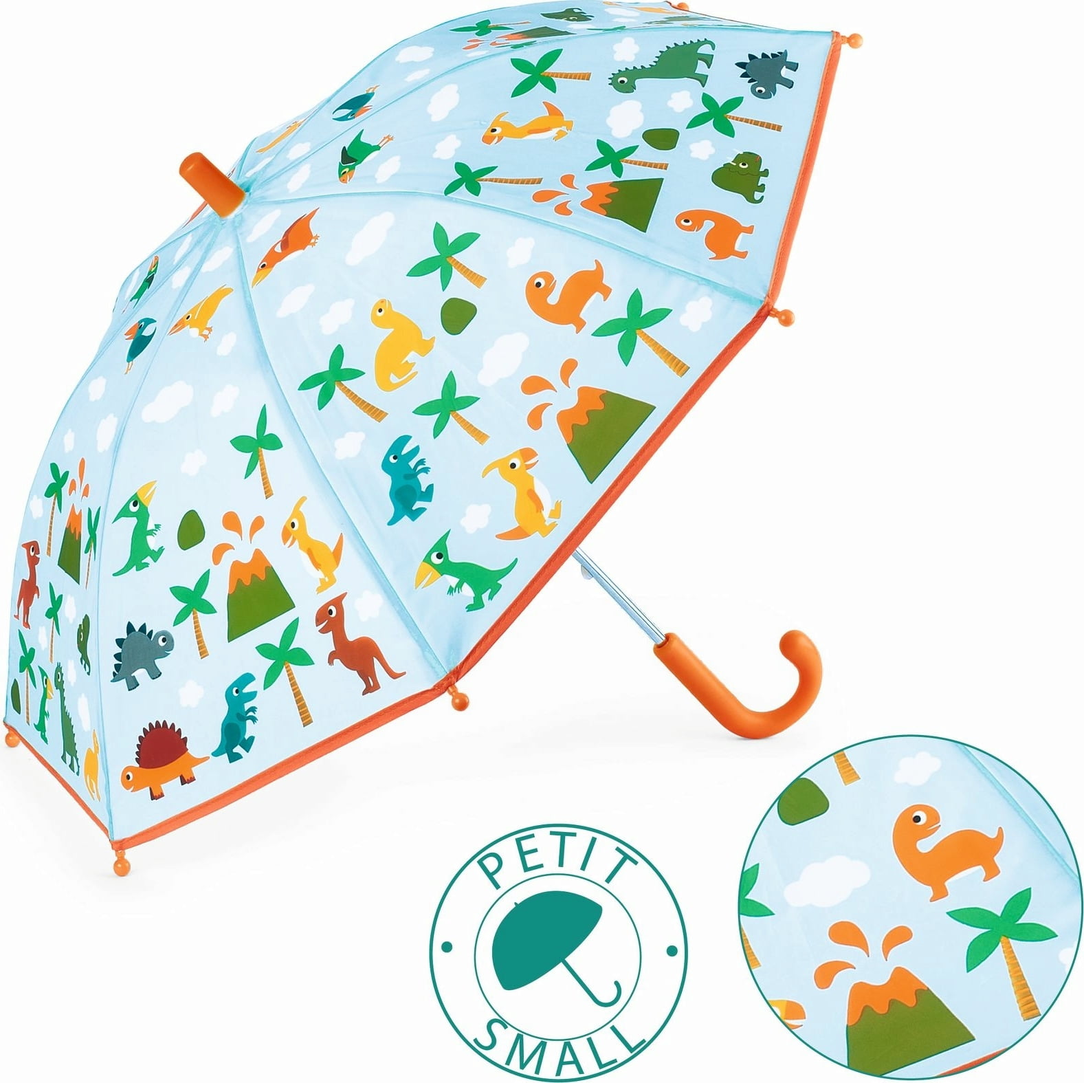 Guarda-chuva infantil azul com dinossauros e cabo laranja