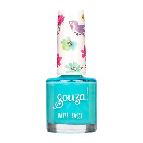 Frasco de verniz para unhas azul turquesa com tampa decorada com flores e pássaro