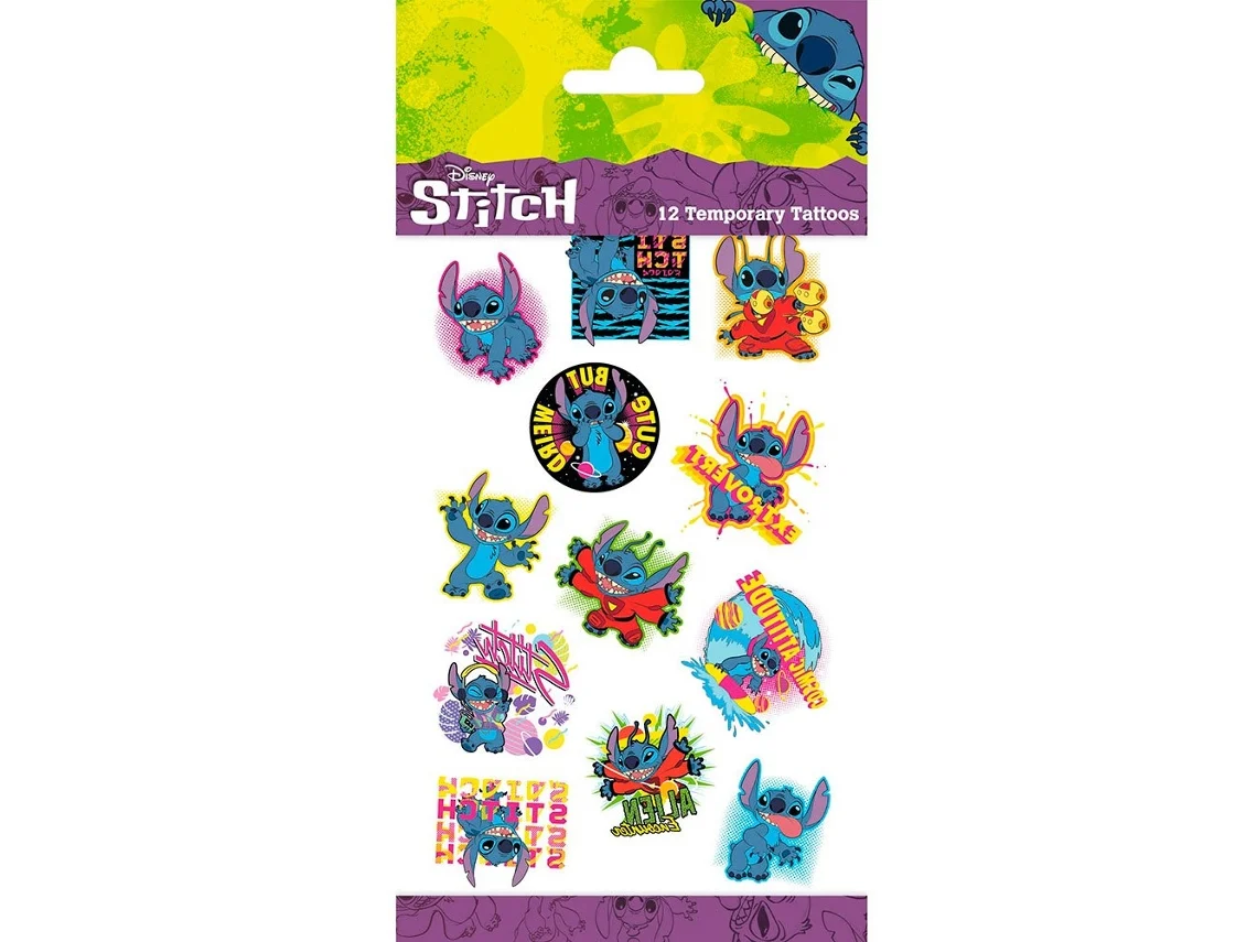 Pacote de tatuagens temporárias Disney Stitch com 12 desenhos coloridos