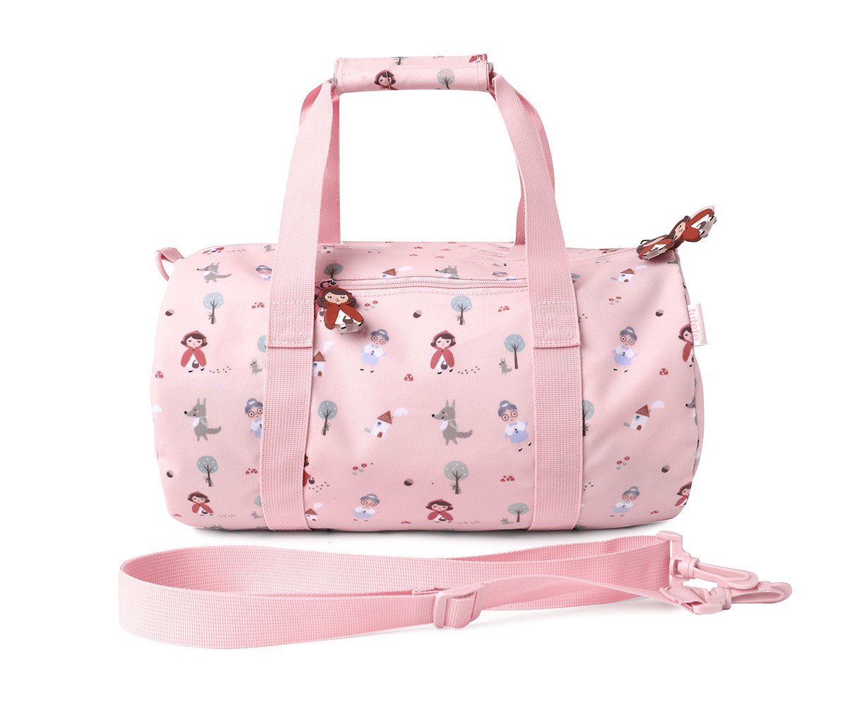 Mala de viagem cor-de-rosa com padrão de desenhos de animais e árvores.