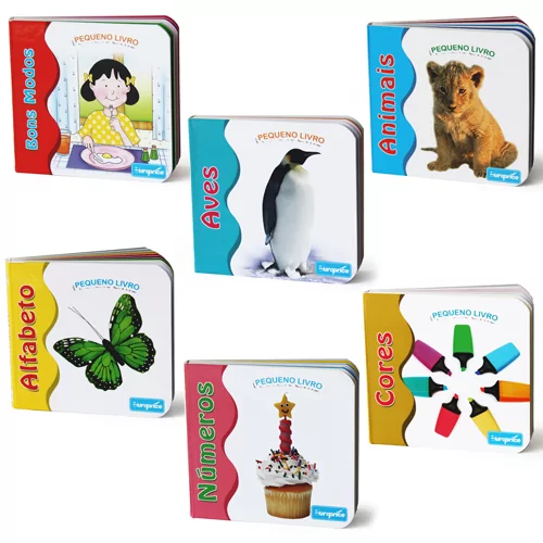 Seis pequenos livros infantis coloridos com diferentes temas na capa.