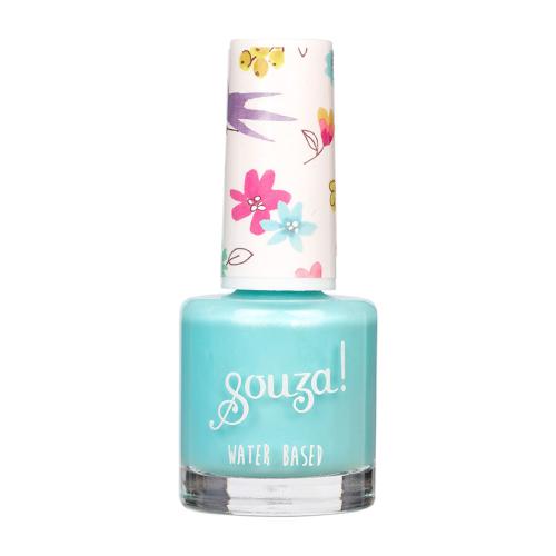 Frasco de esmalte de unhas turquesa com tampa branca decorada com flores.