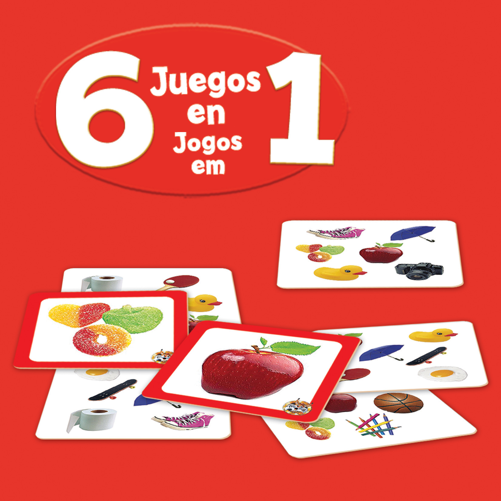 Cartas de jogo com imagens de frutas e objetos, texto em vermelho e branco