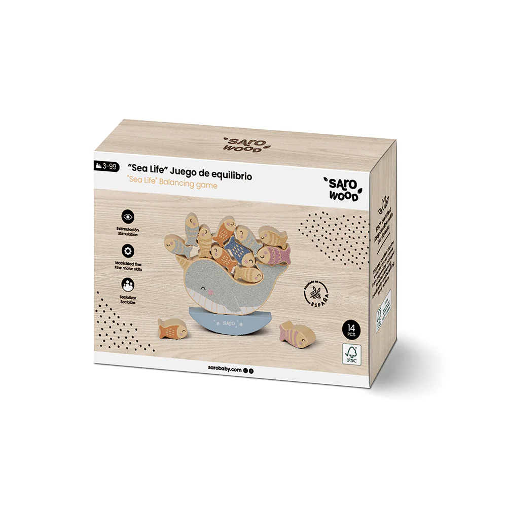 Jogo de equilíbrio Sea Life em caixa de madeira clara com peças de animais marinhos em madeira