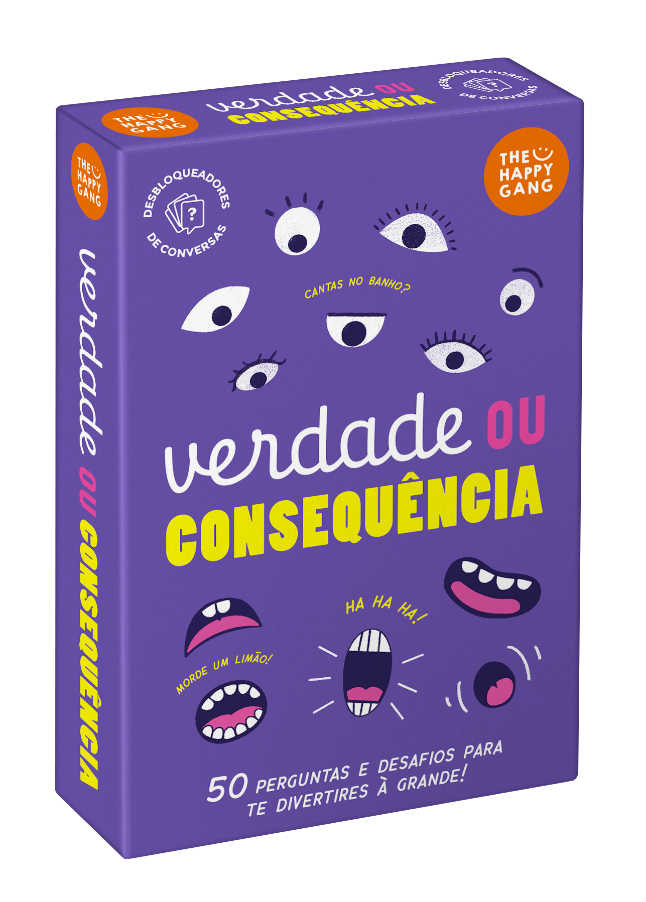 Caixa de jogo Verdade ou Consequência roxa com ilustrações de olhos e bocas e texto em várias cores