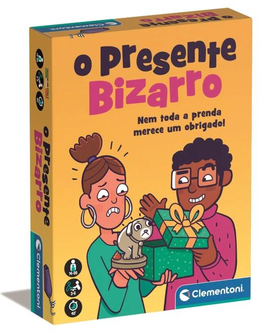 Caixa de jogo de tabuleiro 'O presente Bizarro' com ilustração colorida de duas pessoas e um presente