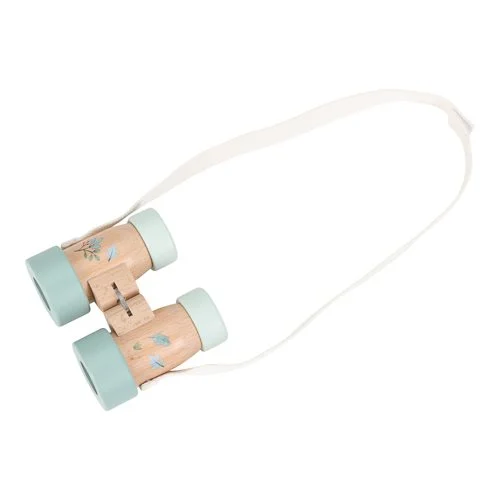 Binóculos infantis castanho claro com detalhes azul-claro e fita branca