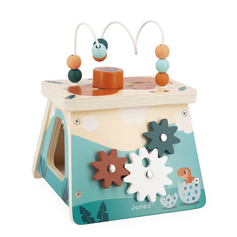 Brinquedo em madeira com engrenagens e contas coloridas
