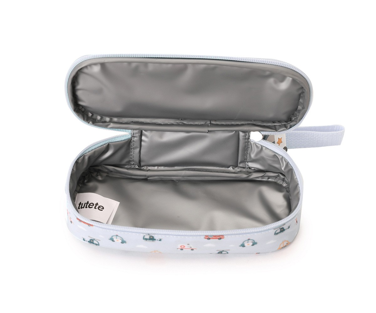 Estojo aberto cinzento claro com padrão colorido e interior prateado impermeável