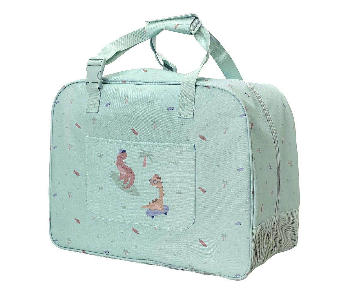 Mala verde menta com ilustrações de dinossauros e palmeiras, alças ajustáveis e bolso frontal