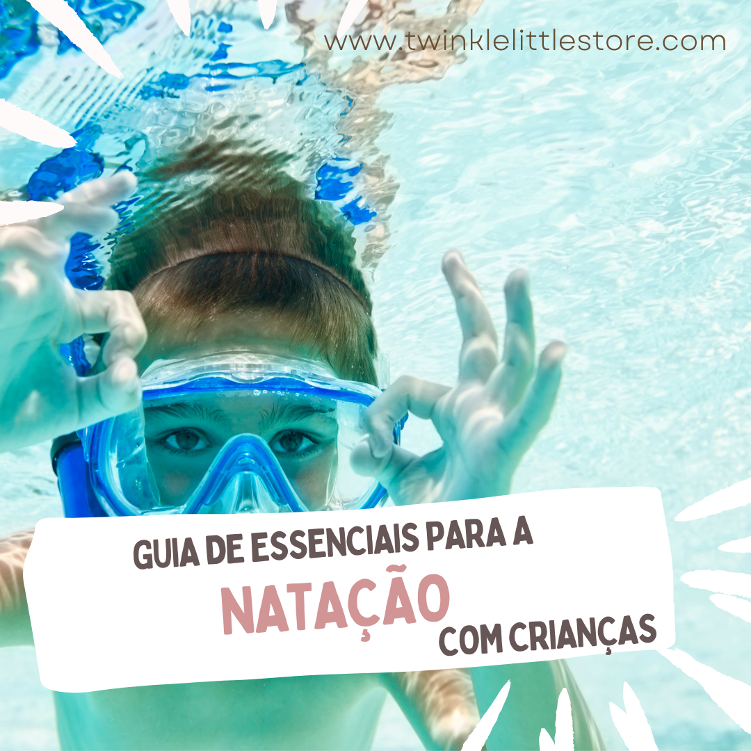 Guia de Essenciais para a Natação com Crianças Criança com máscara de snorkel azul submersa na água, com texto sobreposto sobre natação
