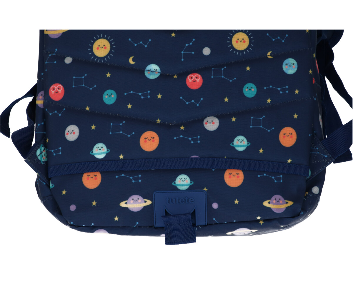 mochila azul escura com padrão de planetas e estrelas