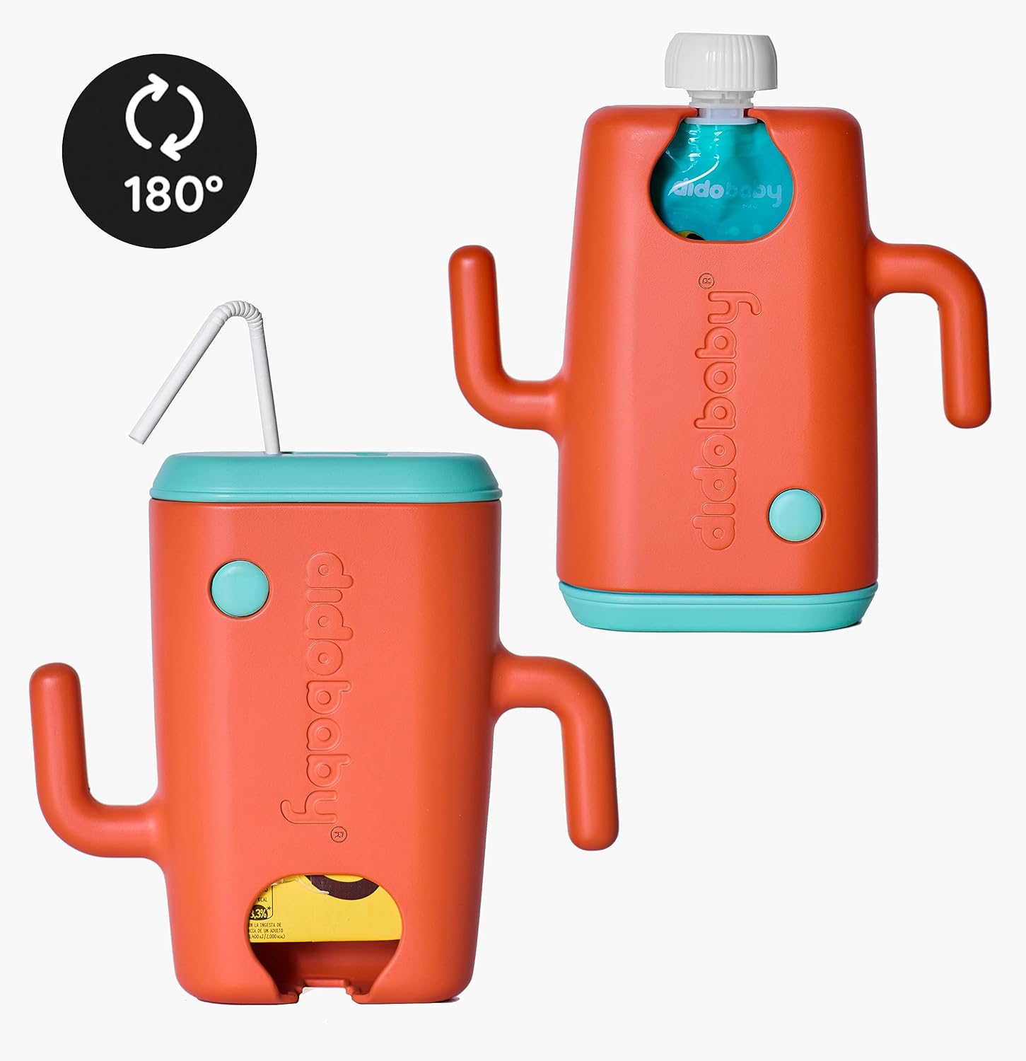 Suporte para bebida laranja com detalhes azul, formato com dois braços e canudo