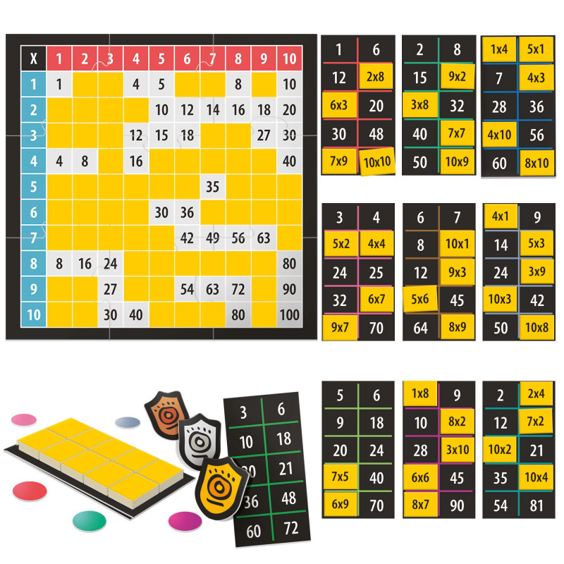 Jogo educativo de matemática com cartões coloridos e placas com escudos.