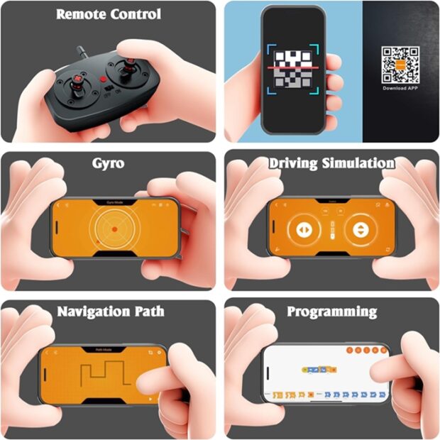 Imagem com comando remoto preto e telemóvel exibindo interface de programação e controle com texto de instruções.