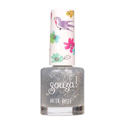 Frasco de esmalte de unhas prata com glitter e tampa branca decorada com flores e pássaro