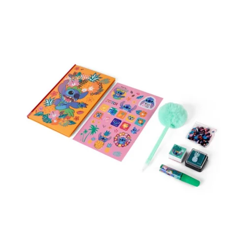 Diário com Caneta PomPom e Autocolantes Stitch