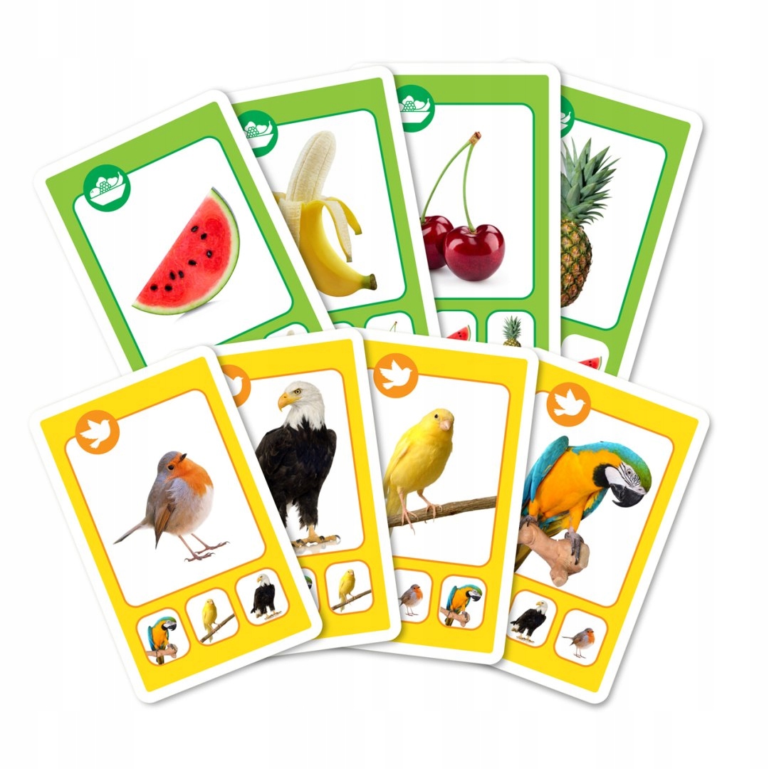 Cartas de jogo com imagens de frutas e aves