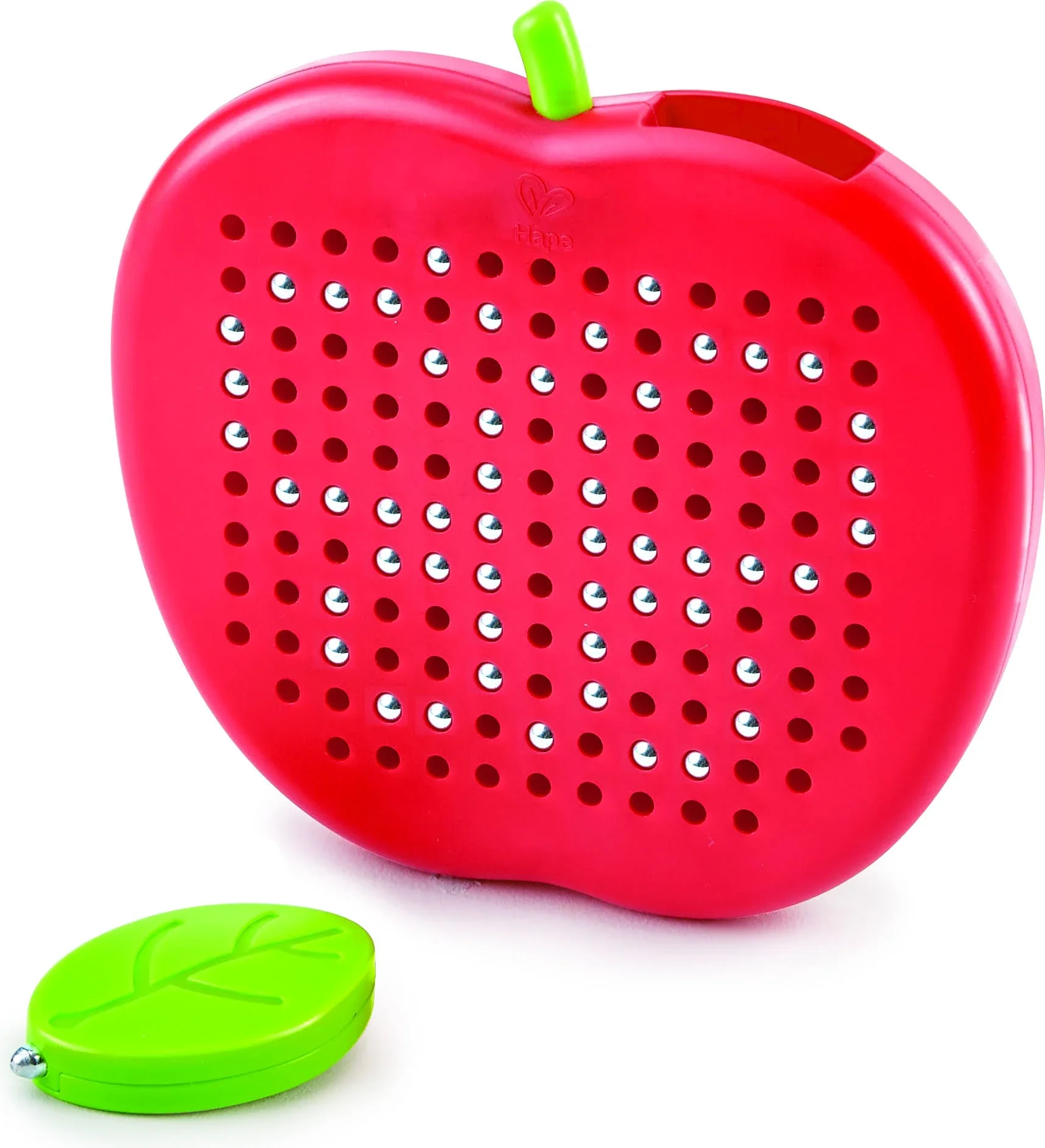 Relógio digital em forma de maçã vermelha com números formados por esferas e um objeto verde em forma de folha