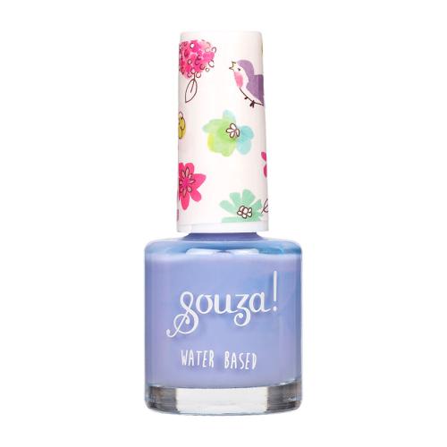 frasco de esmalte de unhas azul lavanda Souza! com tampa branca decorada com flores e pássaros