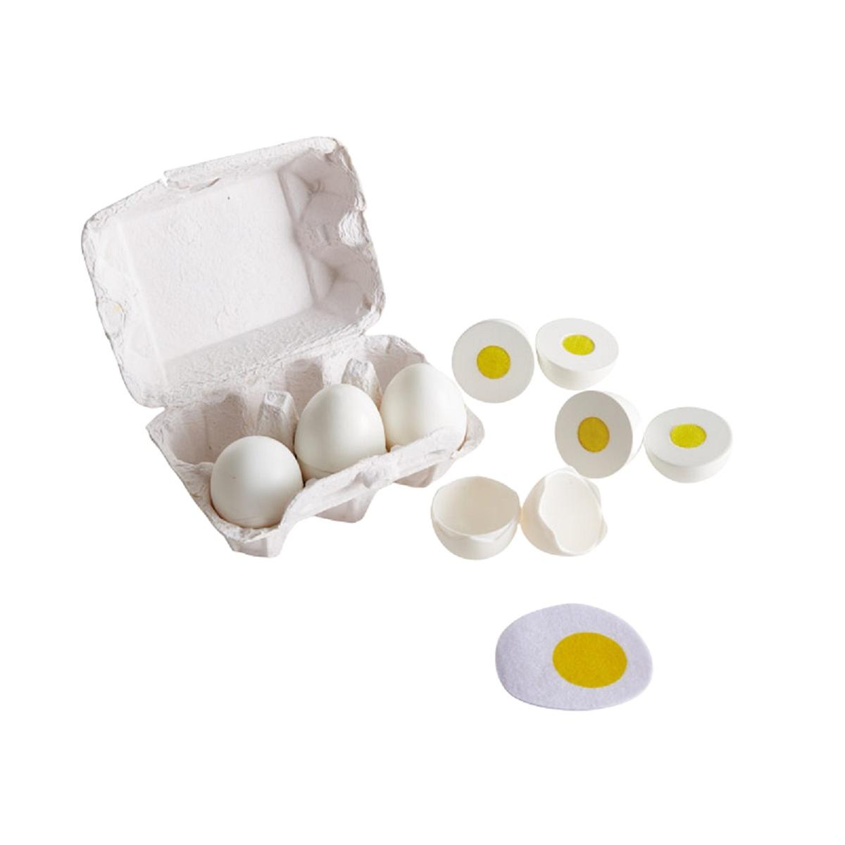 Caixa de ovos com ovos de plástico e feltro partidos com gema amarela