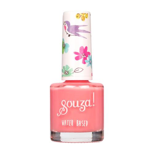 Esmalte de unhas rosa em frasco com tampa decorada com flores e andorinha.