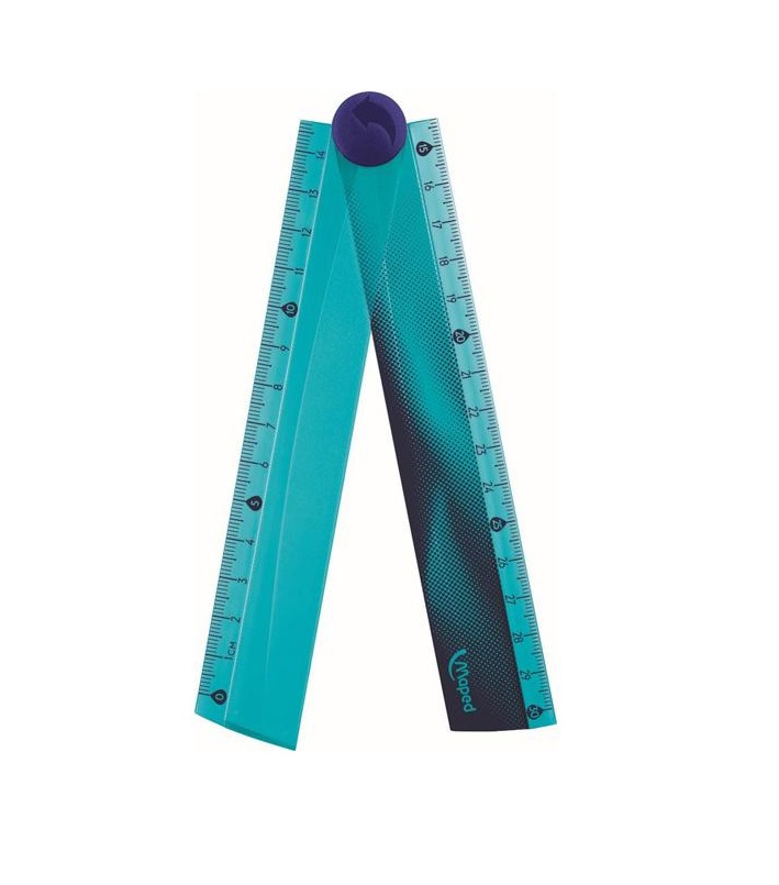 Régua azul e preta em plástico com marcações em centímetros