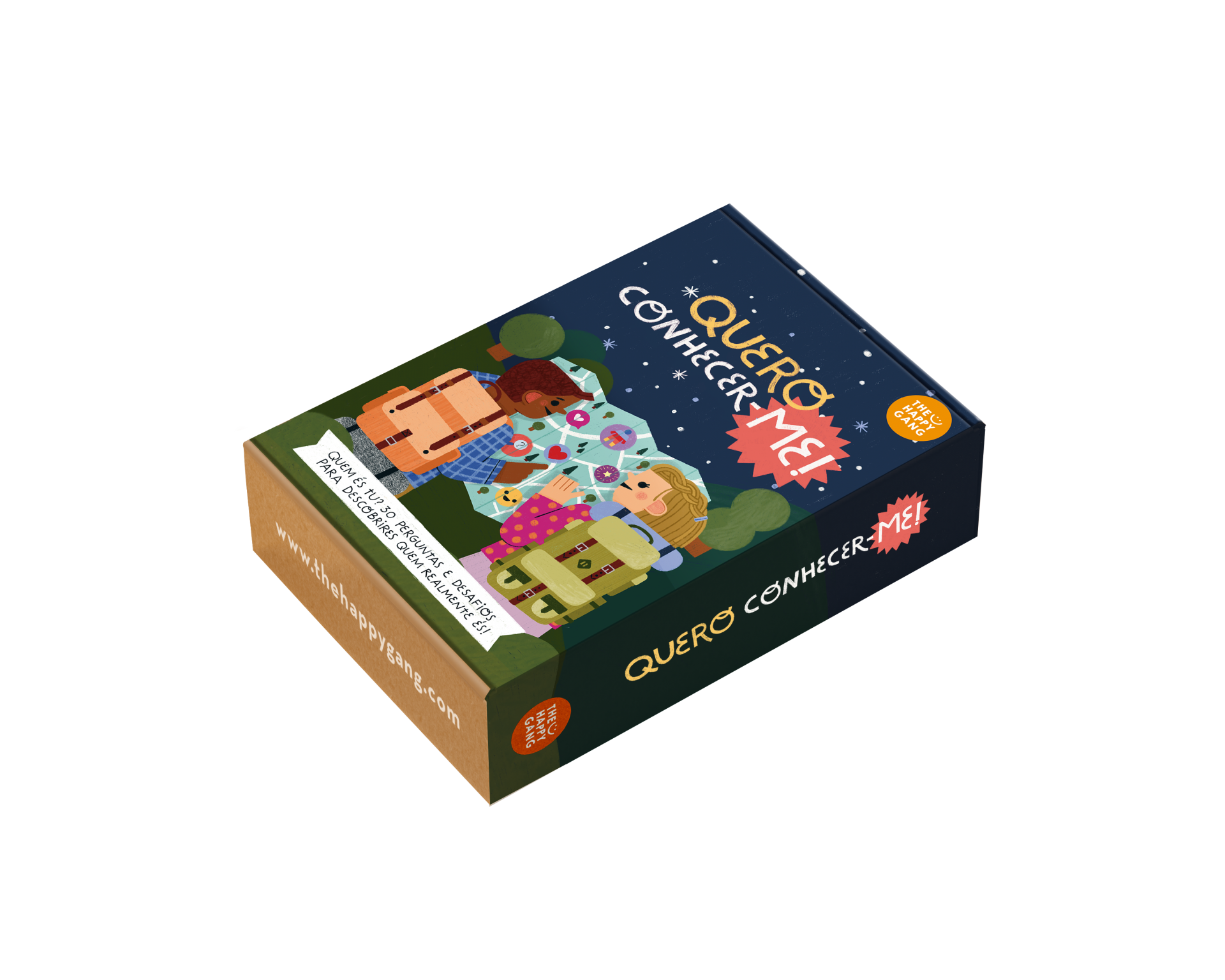 Caixa do jogo de cartas 'QUERO CONHECER-ME!' com ilustração de pessoas