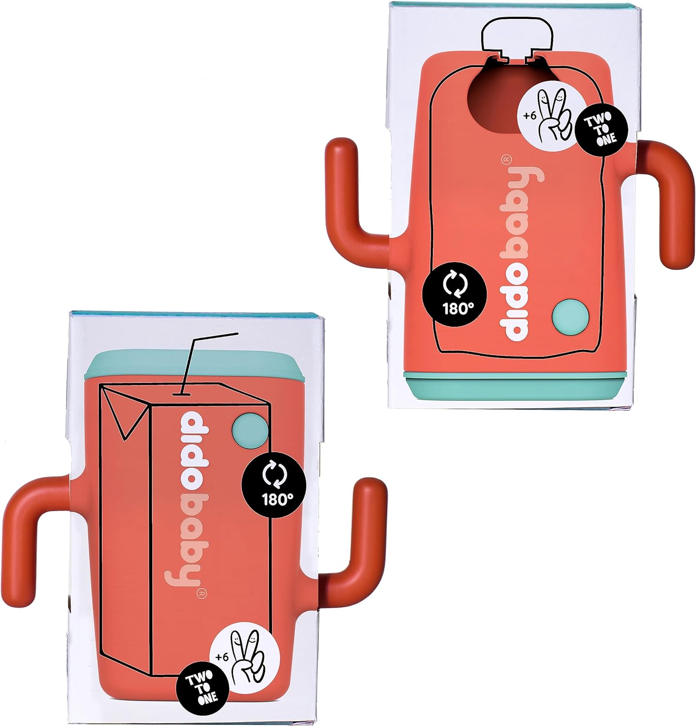 Caixa de produto dodo baby em forma de caixa de leite coral e azul clara com etiquetas pretas