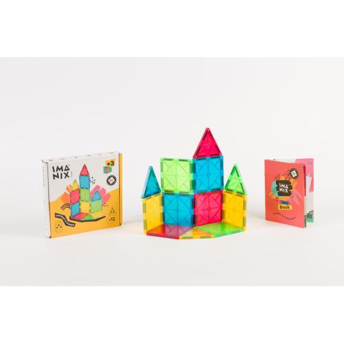 Blocos magnéticos coloridos em forma de castelo com embalagem e manual
