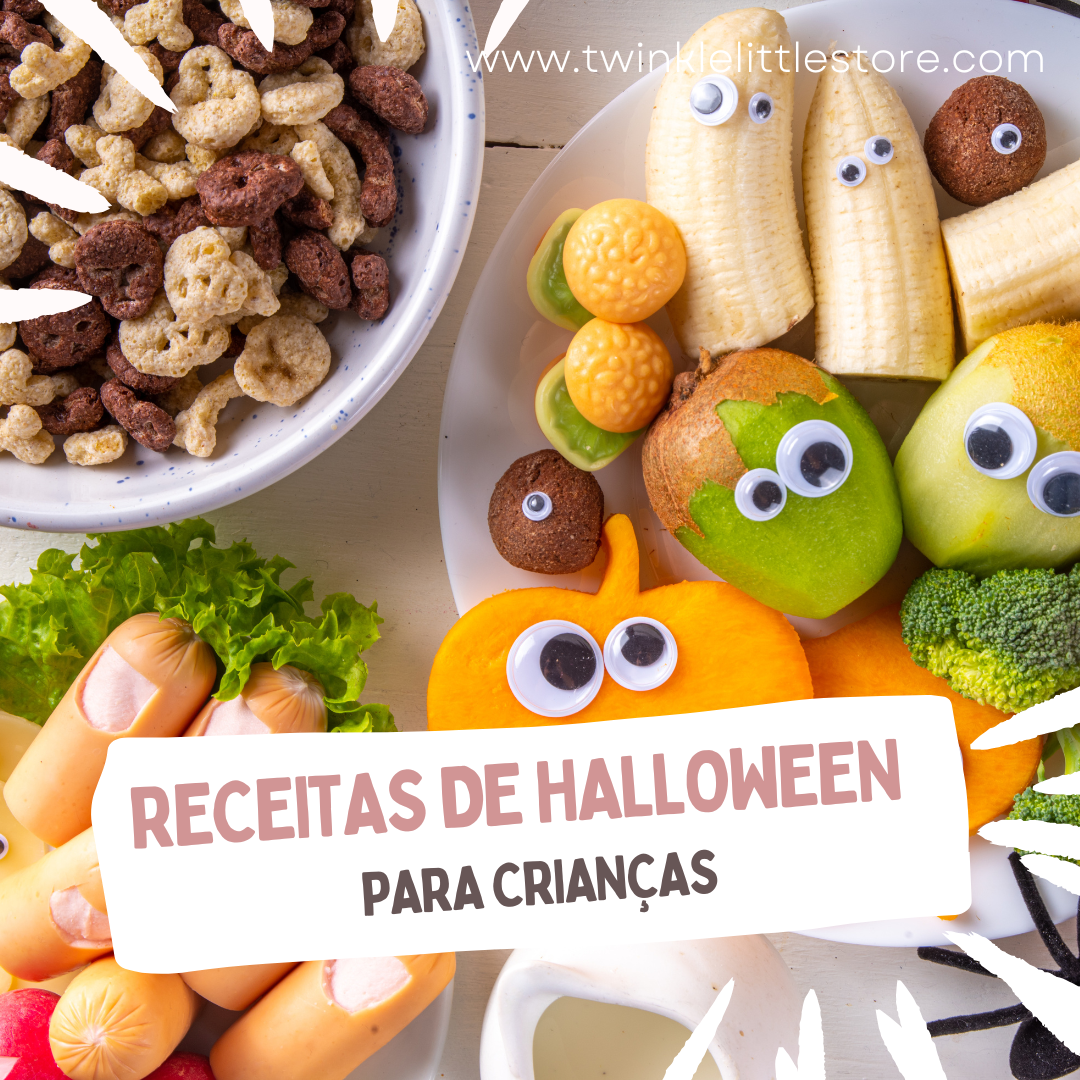 Alimentos decorados para Halloween com olhos de plástico e cereais em tigela, cartaz com texto promocional