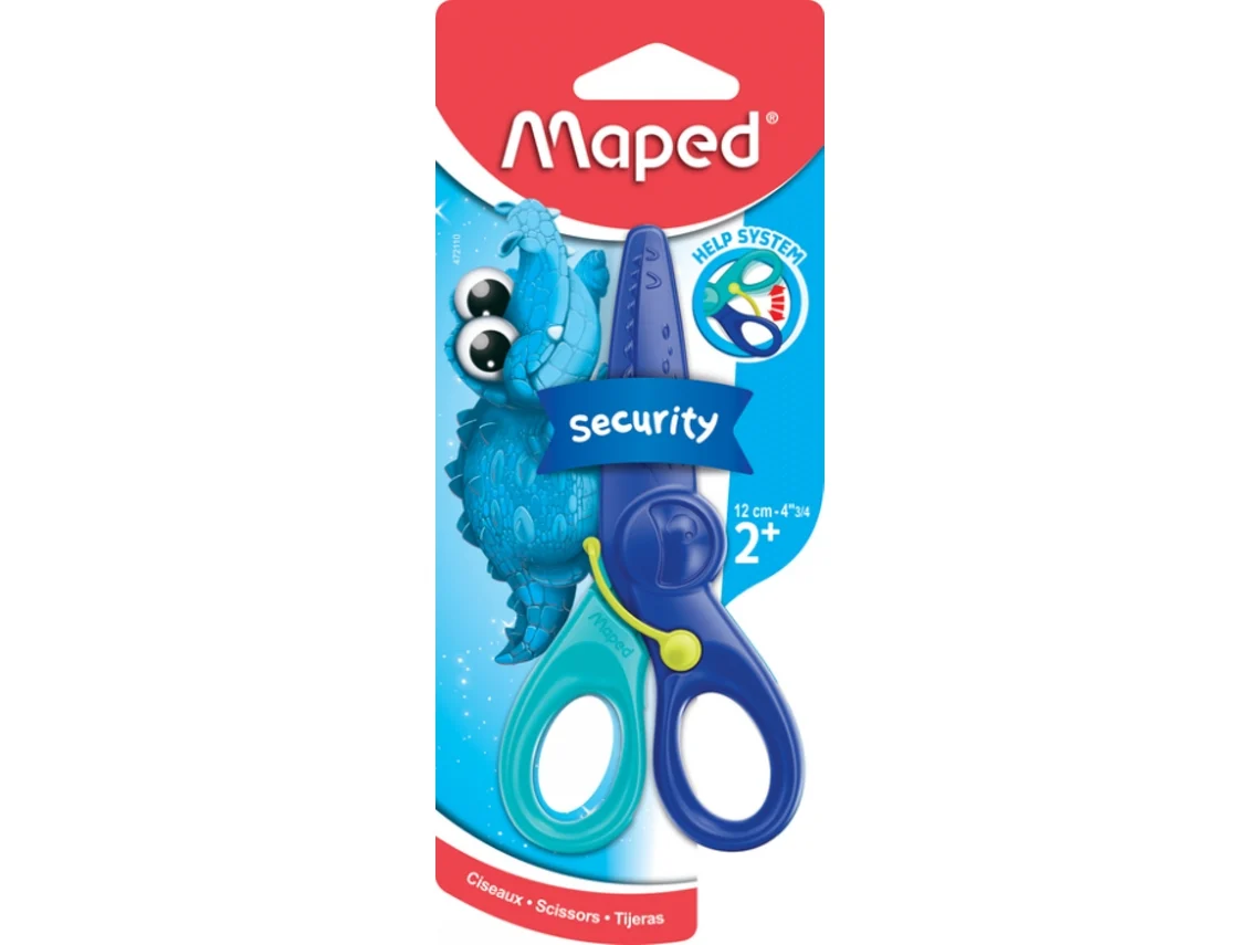 Tesoura infantil Maped azul e verde na embalagem