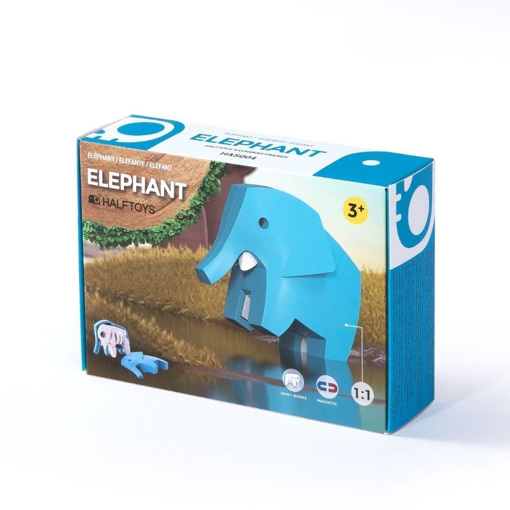 Caixa de brinquedo de montar com elefante azul em formas geométricas