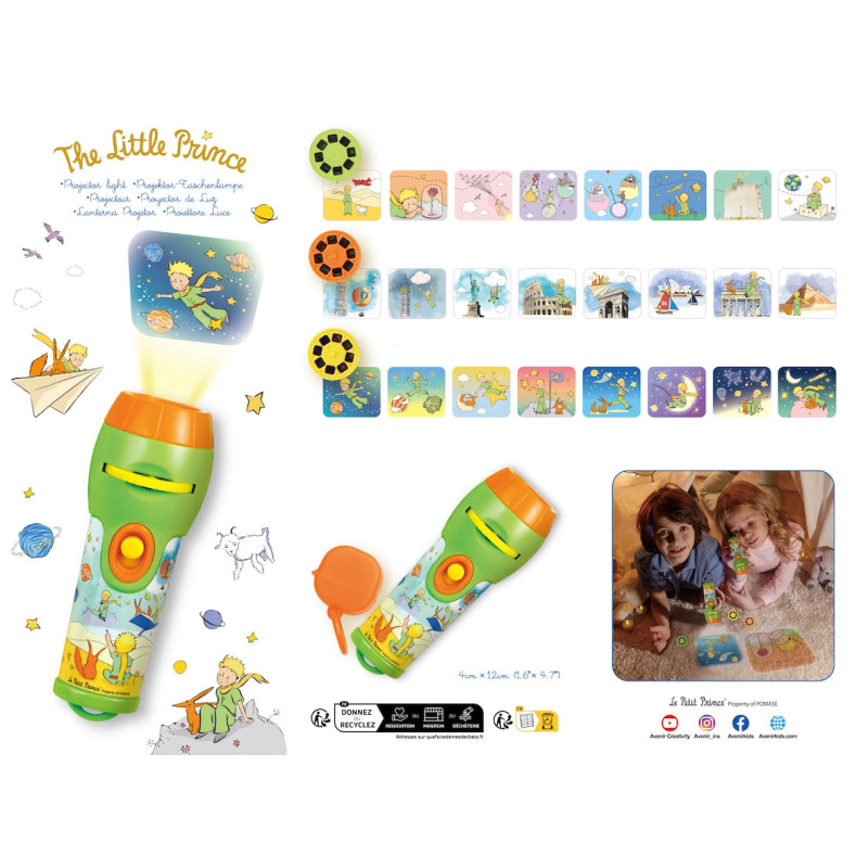 Lanterna projetora verde e laranja com três discos coloridos e imagens do livro The Little Prince