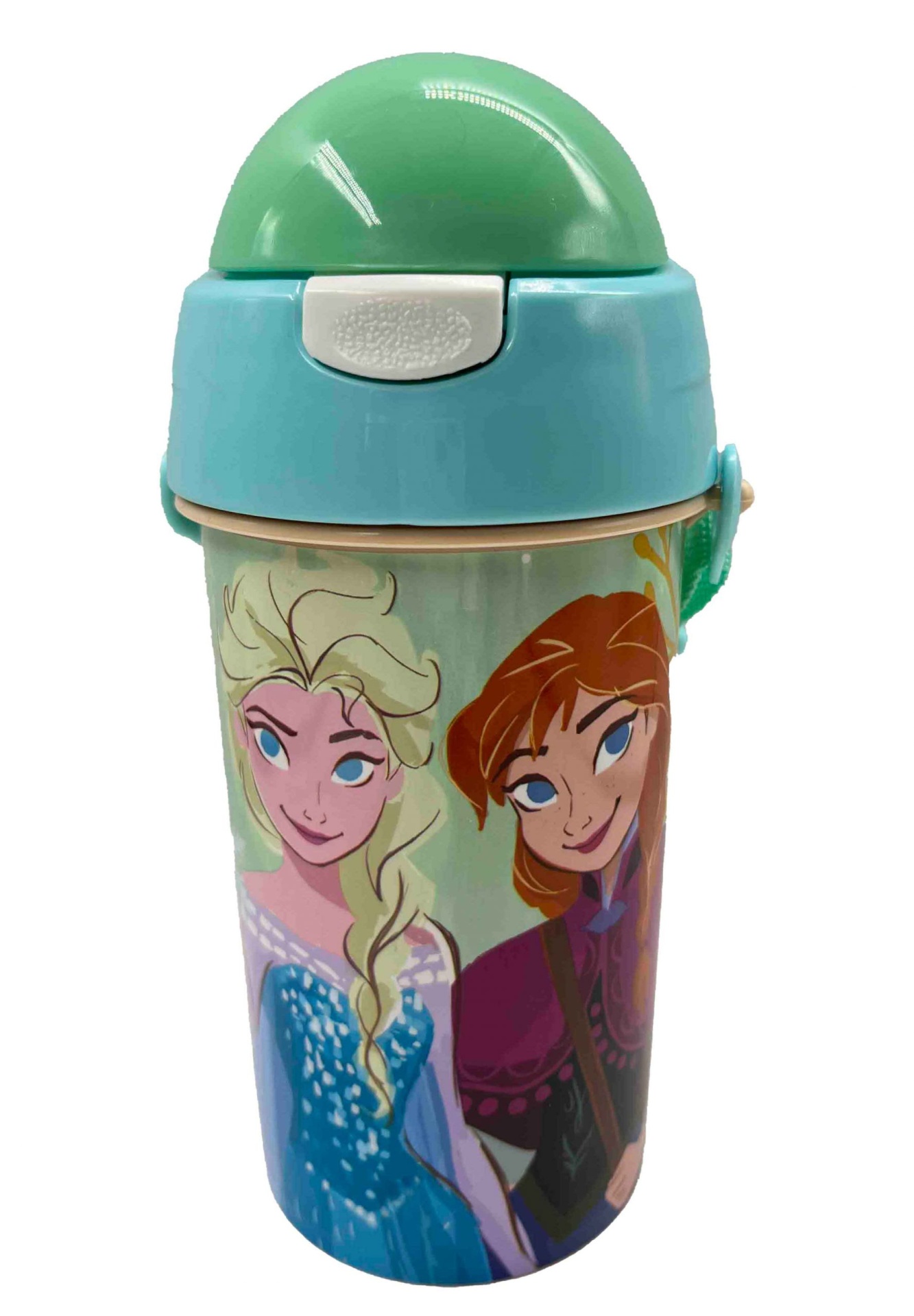 Garrafa de plástico com personagens de desenho animado e tampa colorida