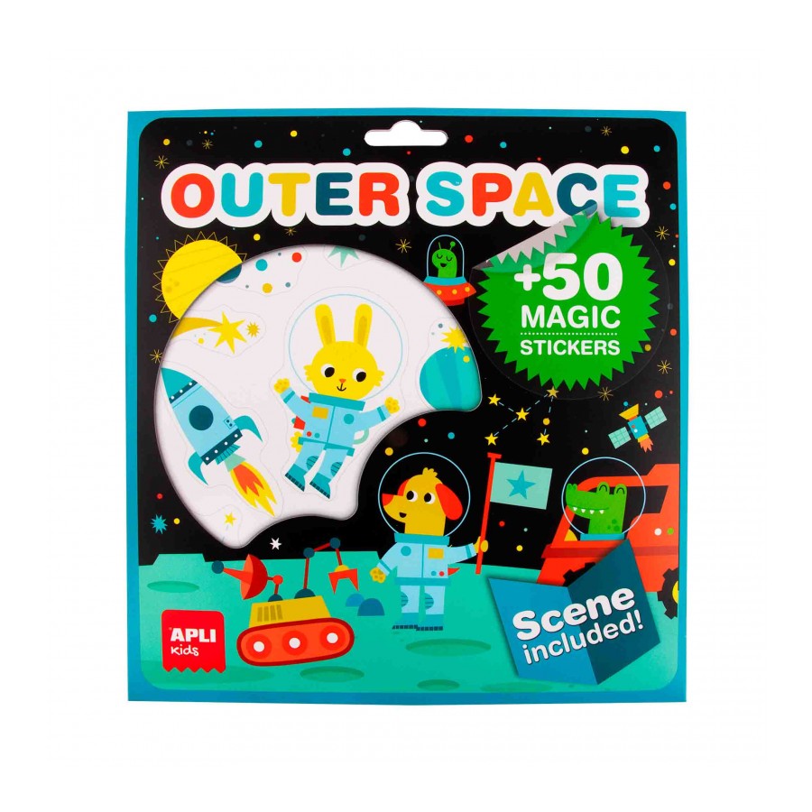 Embalagem de jogo de autocolantes Outer Space com personagens e cenário espacial colorido